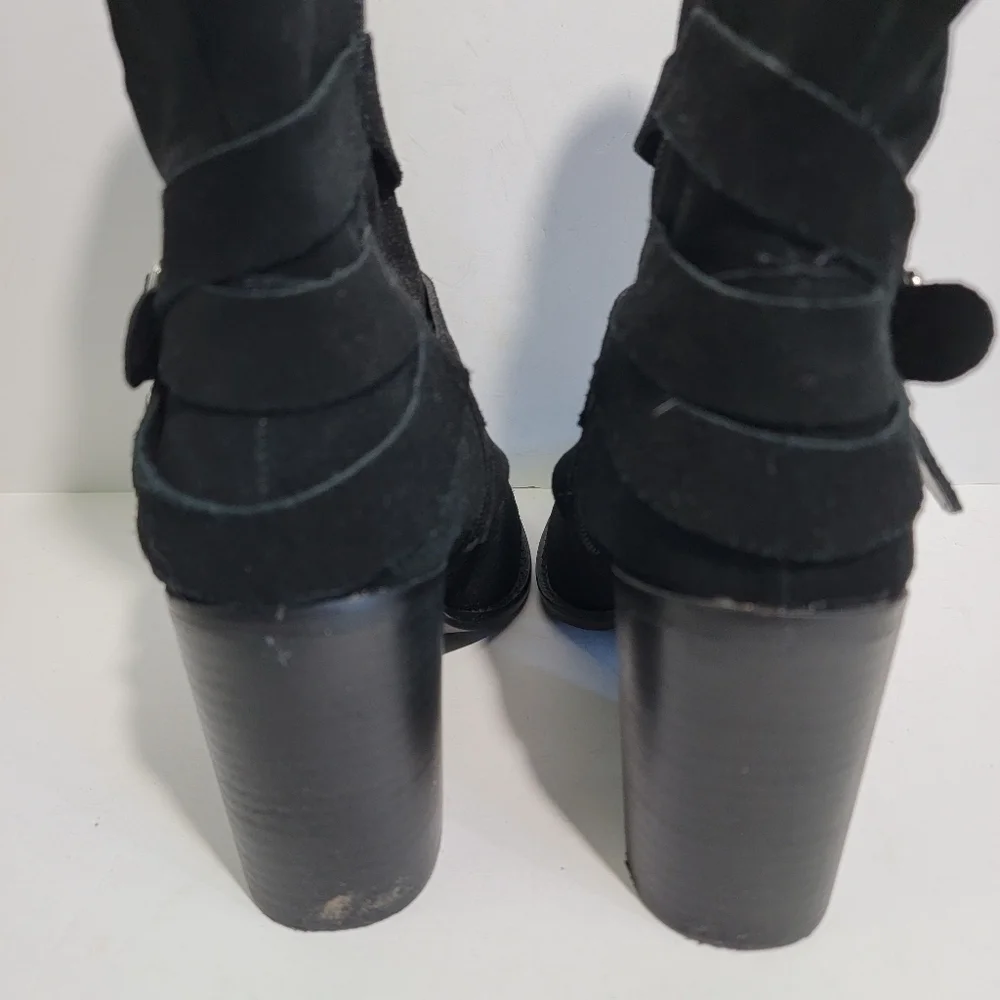 CHELSEA & VIOLET VICKI Black Suede Ankle Boots Sz 7M Buckle Side Zip Stack Heel